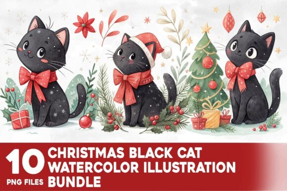Christmas Black Cat Watercolor Bundle: Illustrations