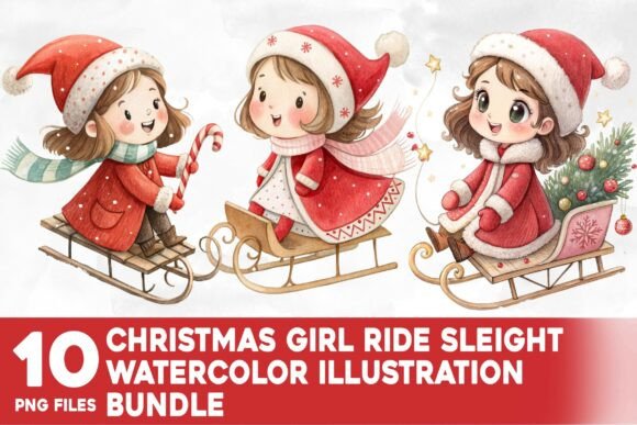 Christmas Girl Ride Sleight Watercolor Illustrations