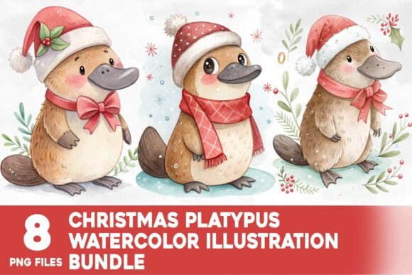 Christmas Platypus Watercolor Bundle: Festive Illustrations