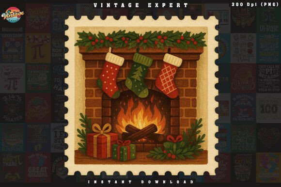 Cozy Christmas Fireplace Stamp Illustrations