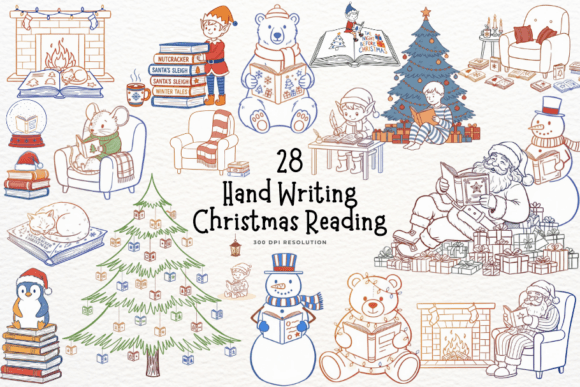Doodle Christmas Reading Clipart: Illustrations for Branding