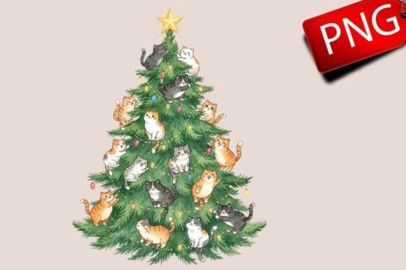 Funny Cat Christmas Tree Sublimation Illustrations