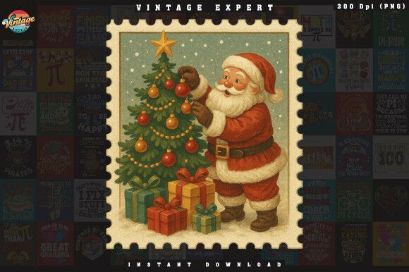 Santa Decorating Christmas Tree Stamp Illustrations